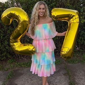 Tiered ruffle midi dress. Multicolor watercolor pastels.